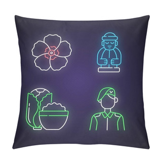 Personality  Korean Nationals Symbols Neon Light Icons Set. Hibiscus Syriacus. Jeju Island Statue. Kimchi Cabbage Side Dish. Signs With Outer Glowing Effect. Vector Isolated RGB Color Illustrations Pillow Covers