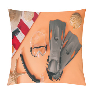 Personality  Top View Of Summer Accessories And Diving Equipment On Orange Background With Seashells Pillow Covers