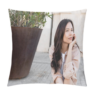 Personality  Brunette Woman Sitting On Pavement Near Flowerpot And Looking Away Pillow Covers