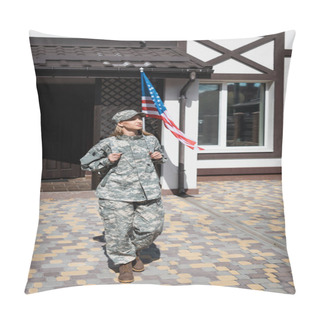 Personality  Serious Military Servicewoman With Backpack Leaving House With American Flag On Background Pillow Covers
