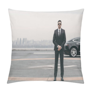 Personality  Serious Bodyguard Standing With Sunglasses And Security Earpiece On Helipad And Looking At Camera Pillow Covers