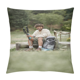 Personality  Cheerful Young Indian Hiker Holding Trekking Poles And Sports Bottle Near Backpack In Forest Pillow Covers