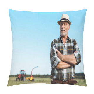 Personality  Bearded Senior Farmer Standing With Crossed Arms In Field  Pillow Covers