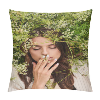 Personality  A Beautiful Young Woman In White Attire, Hands On Face, Surrounded By A Vibrant Array Of Flowers In A Sunlit Field. Pillow Covers