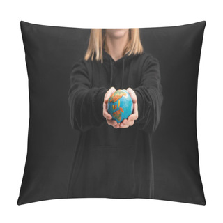 Personality  Partial View Of Woman With Outstretched Hands Holding Plasticine Globe Isolated On Black, Global Warming Concept Pillow Covers