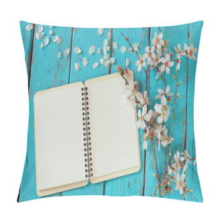 Personality  Top View Image Of Spring White Cherry Blossoms Tree, Open Blank Notebook On Blue Wooden Table. Vintage Filtered And Toned Image Pillow Covers