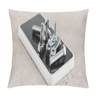 Personality  Metal Screws And Bolts On Smartphone On Grey Background, Panoramic Shot Pillow Covers
