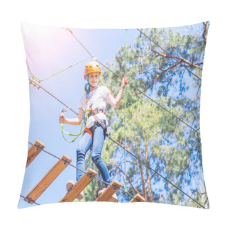 Personality  Kid In Orange Helmet Climbing In Trees On Forest Adventure Park. Girl Walk On Rope Cables And High Suspension Bridge In Adventure Summer City Park. Extreme Sport Equipment Helmet And Carabiner Pillow Covers