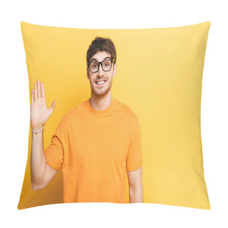 Personality  Cheerful Young Man Waving Hand While Looking At Camera On Yellow Pillow Covers