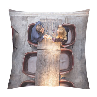 Personality  Top View Of Adult Couple Holding Hands On Date At Restaurant Pillow Covers