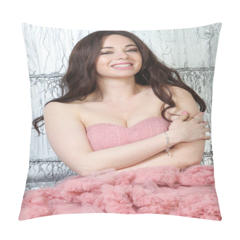 Personality  Portrait of fashionable young beauty girl in big long evening pink dress pillow covers