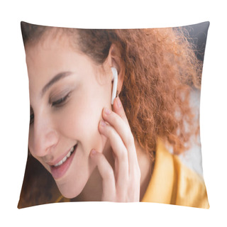 Personality  Happy Woman With Wavy Hair Adjusting Earphone While Listening Music At Home Pillow Covers