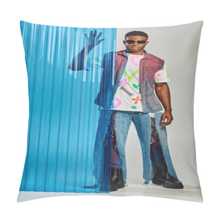 Personality  Full Length Of Confident Male Afroamerican Model In Denim Vest, Ripped Jeans And Sunglasses Touching Blue Polycarbonate Sheet And Standing On Grey Background, DIY Clothing, Sustainable Lifestyle  Pillow Covers