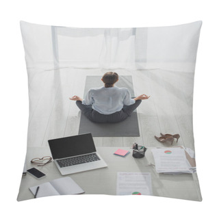 Personality  Back View Of Businesswoman Practicing Yoga In Lotus Position With Gyan Mudra On Mat In Office  Pillow Covers