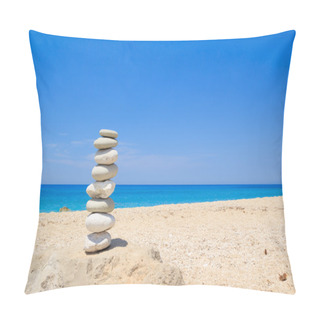 Personality  Pebbles Stack Balance Over Blue Sea Pillow Covers