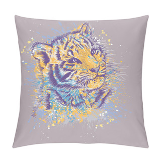 Personality  Greeting Card For New Year Of The Tiger 2022, Tiger Cub Freehand Drawing On A Background Of Watercolor Splashes And Snowflakes. Illustration For Printing On T-shirts, Textiles And Souvenirs. Pillow Covers