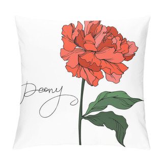 Personality  Vector Peony Flower With Leaves Isolated On White With Peony Lettering. Purple And Green Engraved Ink Art On White Background. Pillow Covers