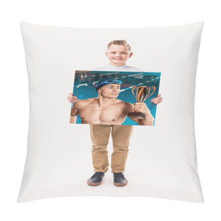 Personality  Little Happy Boy Pretending To Win In Swimming Competition, Isolated On White  Pillow Covers