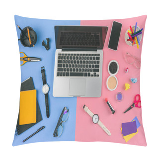 Personality  Top View Of Laptop, Smartphone And Cosmetics With Office Supplies Divided At Male And Female Workplace Pillow Covers