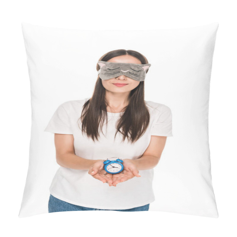 Personality  Brunette Young Woman In Cat Sleeping Eye Mask Holding Toy Alarm Clock Isolated On White Pillow Covers
