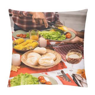 Personality  Cropped View Of African American Woman Putting Vegetables On Plate While Celebrating Thanksgiving Day Pillow Covers