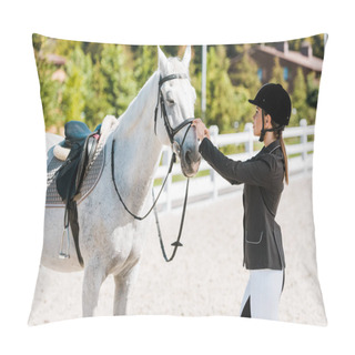 Personality  Side View Of Attractive Female Equestrian Fixing Horse Halter At Horse Club Pillow Covers