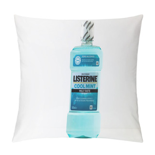 Personality  Lviv, Ukraine - April 18, 2024: Listerine Cool Mint Mouthwash With Deep Cleansing Effect Pillow Covers