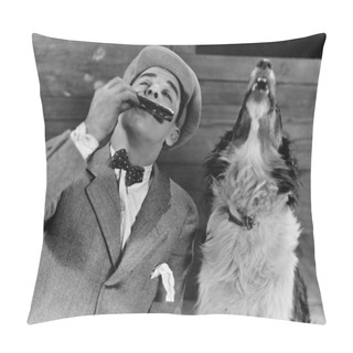 Personality  Man Playing Harmonica With Howling Dog Pillow Covers