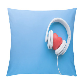 Personality  Top View Of Wired Headphones With Red Heart Sign In Middle On Blue Surface Pillow Covers