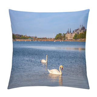 Personality  Two Swans On River With Cityscape Behind In Copenhagen, Denmark Pillow Covers