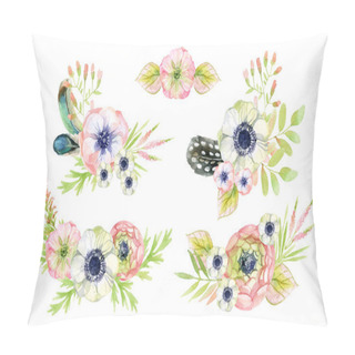 Personality  Watercolor Flower Arrangement In Vintage Style With Feathers. Pillow Covers