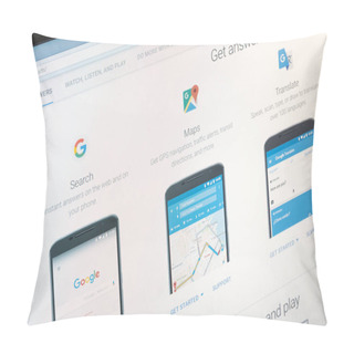 Personality  Paris, France - June 14 2017 : Close-up On Google Applications (maps, Translate, Search, Chrome) For Android Phones And Tablets. Google Is An American Multinational Corporation Specializing In Interne Pillow Covers