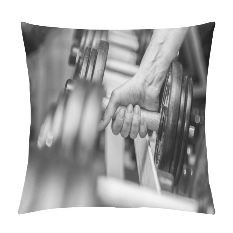 Personality  Hand holding a dumbbell in gym pillow covers