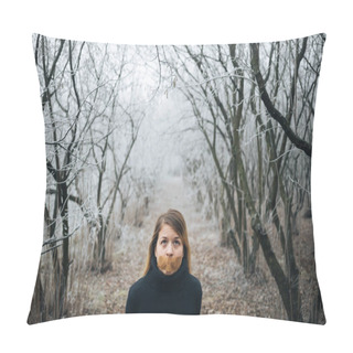 Personality  Woman With Tape On Her Mouth In Cold Winter Forest Pillow Covers