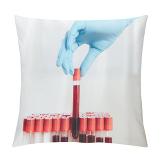 Personality  Cropped View Of Doctor In Latex Glove Holding Test Tube With Blood Pillow Covers
