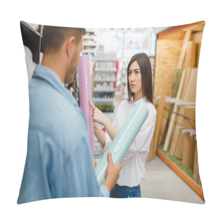 Personality  Young Couple Choosing Wallpapers Color In Hardware Store. Male And Female Customers Look At The Goods In Diy Shop Pillow Covers