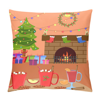 Personality  Christmas Room Interior In Colorful Cartoon Flat Style. Christmas Tree, Gifts, Fireplace, Table With Red Cup. Cozy Night Celebration Vector Illustration. Pillow Covers