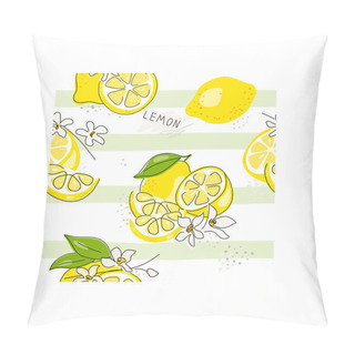 Personality  Fresh Yellow Fruits Of Lemon, Lime, With Green Leaves And Flowers. Seamless Citrus Texture On A White Background. Whole Lemon Slice. Doodle Minimal Style. Black Line. Vector Illustration. Handwriting. Pillow Covers