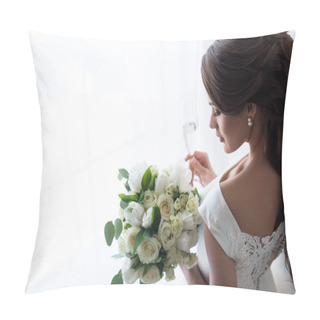 Personality  Attractive Bride In Traditional Dress With Wedding Bouquet And Glass Of Champagne Standing At Window Pillow Covers