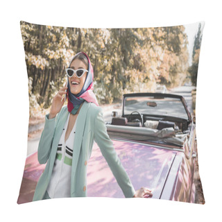 Personality  Smiling Woman In Sunglasses Talking On Smartphone Near Cabriolet Car On Road  Pillow Covers
