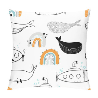 Personality  Vector Hand-drawn Colored Childish Seamless Repeating Simple Flat Pattern With Whales, Rainbows And Submarines In Scandinavian Style On A White Background. Cute Baby Animals. Kids Design. Pillow Covers