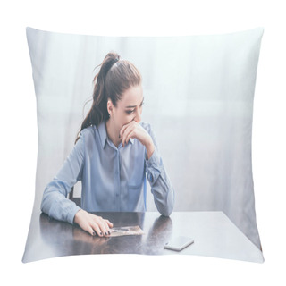 Personality  Upset Woman In Blue Blouse Sitting At Table With Photo And Thinking In Room, Grieving Disorder Concept Pillow Covers