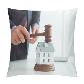Personality  Cropped View Of Auctioneer Hitting Model Of House With Gavel  Pillow Covers
