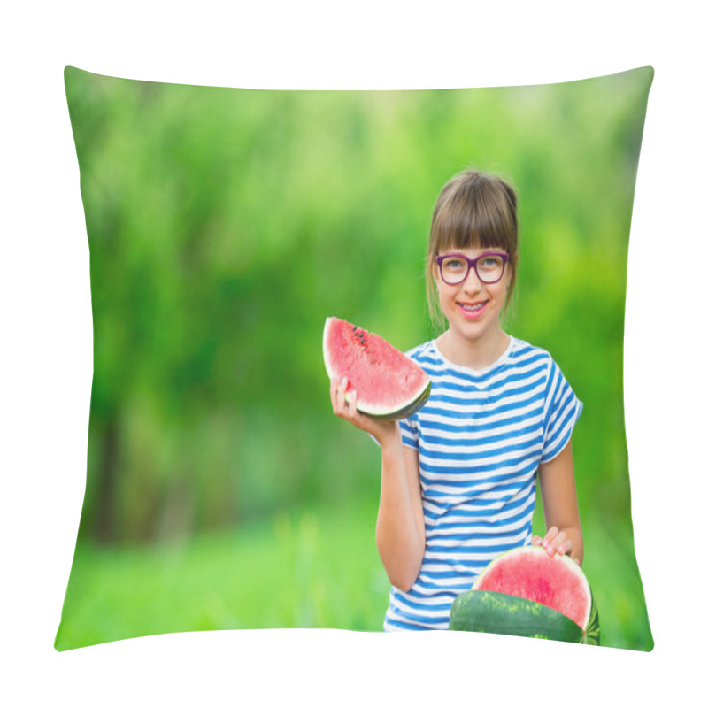 Personality  Child eating watermelon. Kids eat fruits in the garden. Pre teen girl in the garden holding a slice of water melon. happy girl kid eating watermelon. Girl kid with gasses and teeth braces pillow covers