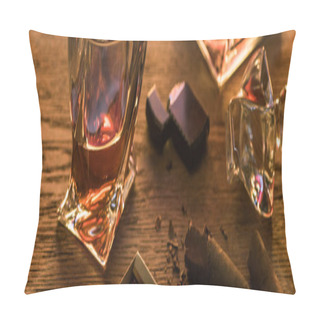 Personality  Glass Of Brandy With Cigars, Lighter And Matches On Wooden Table, Panoramic Shot Pillow Covers