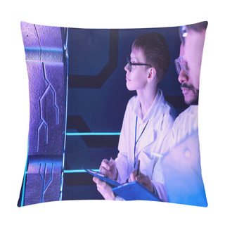 Personality  Futuristic Observations: Scientists Of Varied Ages Examine Device In Neon-Lit Science Center Pillow Covers