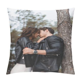Personality  Selective Focus Of Woman Kissing Boyfriend With Bottle Of Wine Near Tree In Forest  Pillow Covers