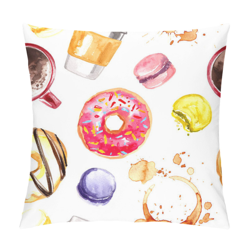 Personality  Pattern of candy-painted watercolor. Donuts, macaroons, coffee. seamless pattern food pillow covers