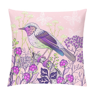 Personality  Vector Illustration Of A Little Bird, Berries And Herbs Pillow Covers