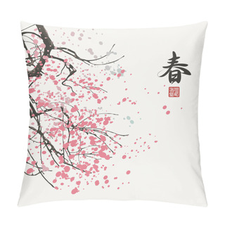 Personality  Spring Vector Banner With A Chinese Character That Translates As Spring. Abstract Illustration In The Style Of Japanese Or Chinese Watercolors With Flowering Tree Branches On A Light Backdrop Pillow Covers